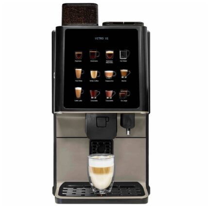 Coffee machine with various drink options displayed