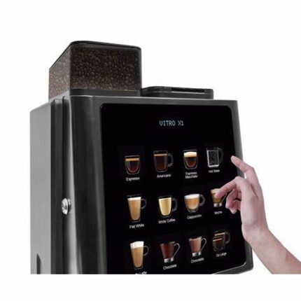 Coffee machine with touchscreen selection for beverages.