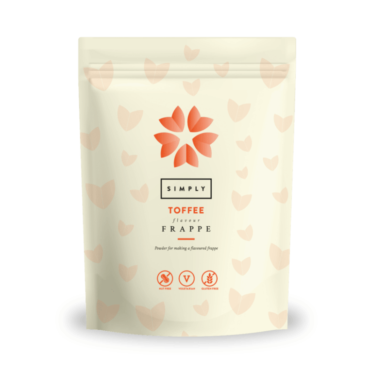 Toffee flavour frappe powder packaging design.