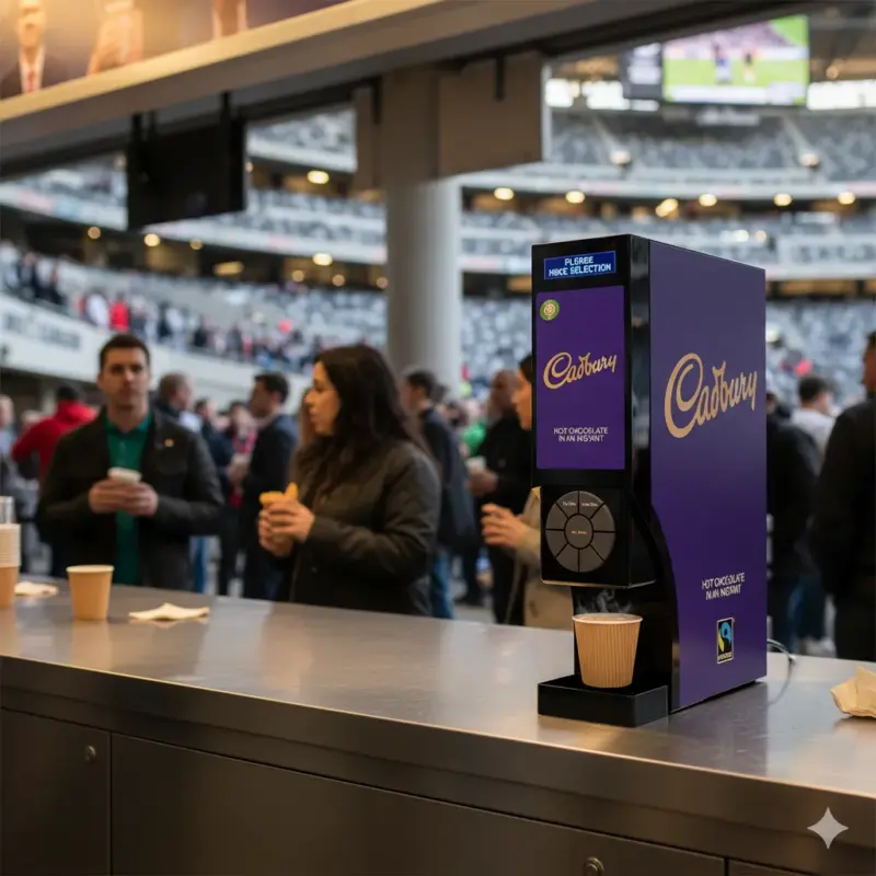 A close-up of a hot chocolate dispenser with a rich, steaming beverage being poured.