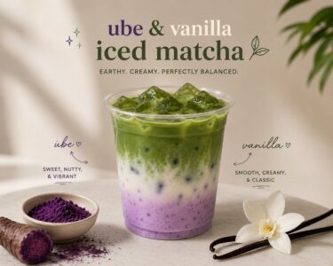 Iced matcha with ube and vanilla layers.