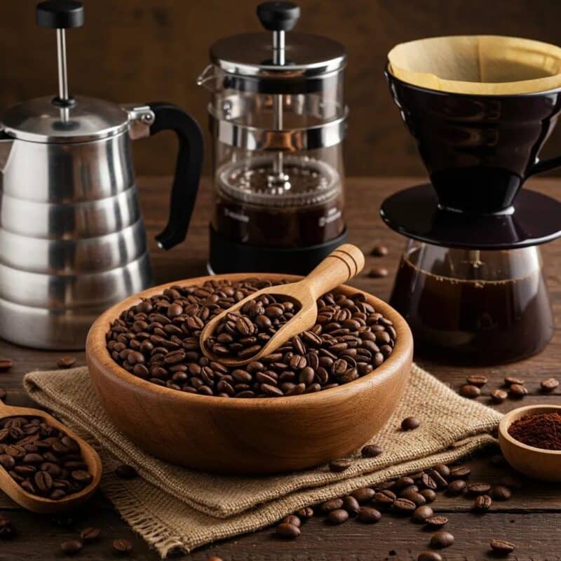 A variety of coffee beans in a wooden bowl with brewing equipment, highlighting the selection process for the perfect brew