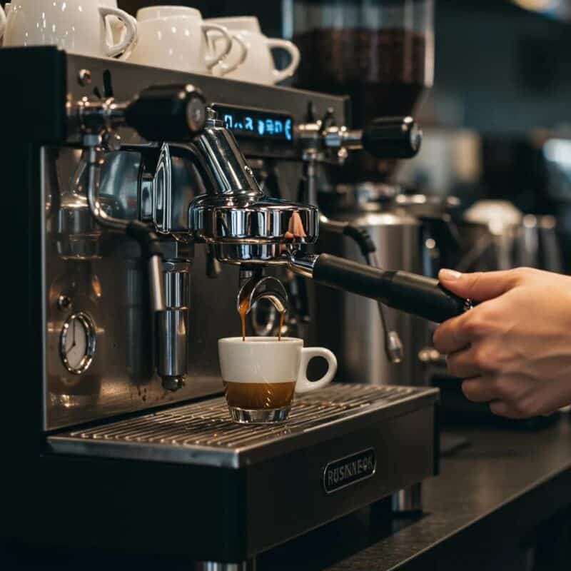 Barista using a traditional espresso machine to prepare espresso