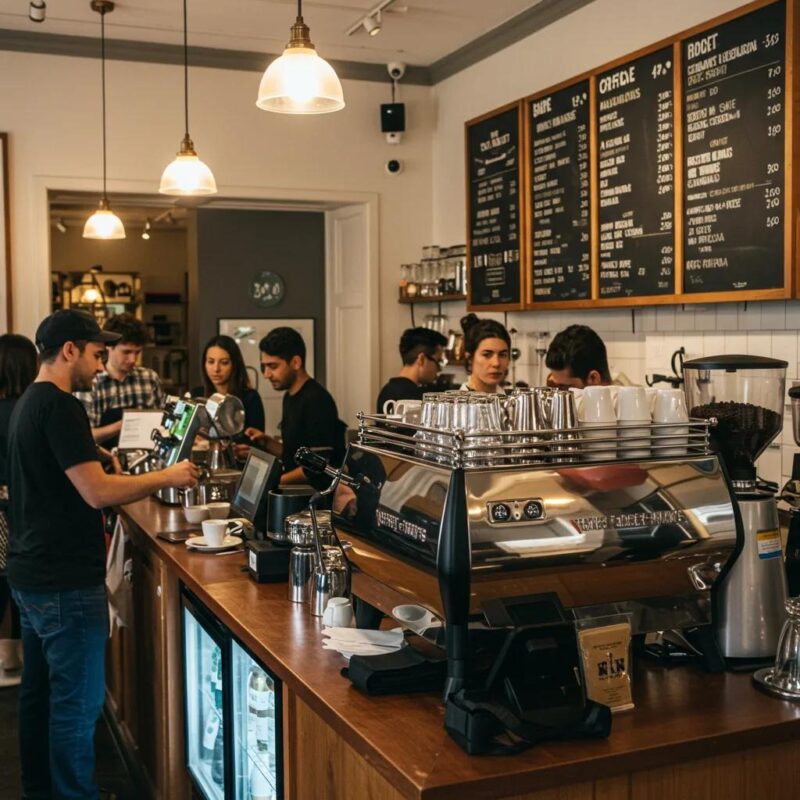 Busy coffee shop with traditional espresso machine and customers enjoying drinks