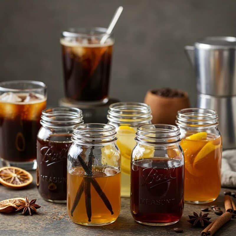 Homemade syrups in jars with cold brew coffee and natural ingredients