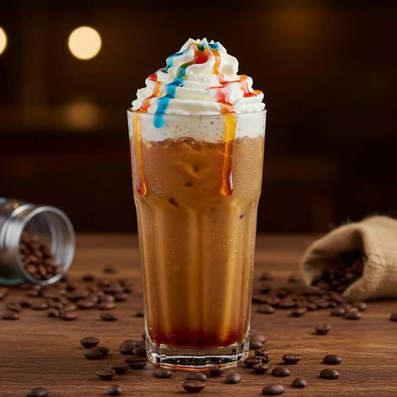 Iced coffee with colorful syrups in a cozy café setting