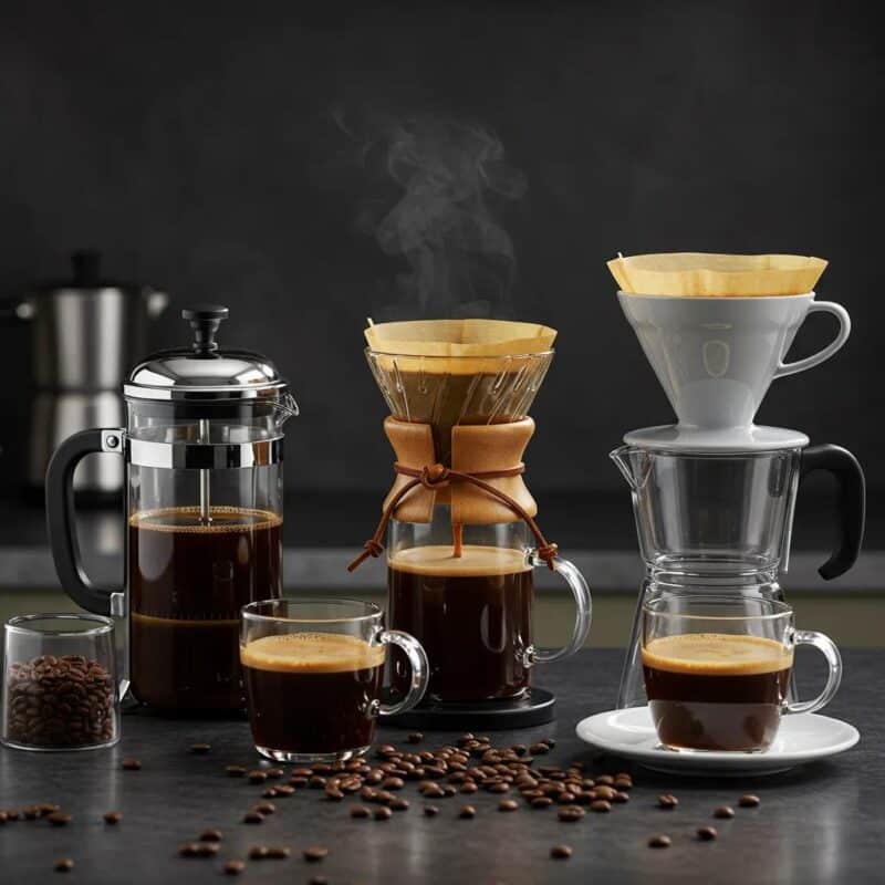 Various coffee brewing methods displayed with freshly brewed coffee, highlighting the relationship between beans and brewing techniques