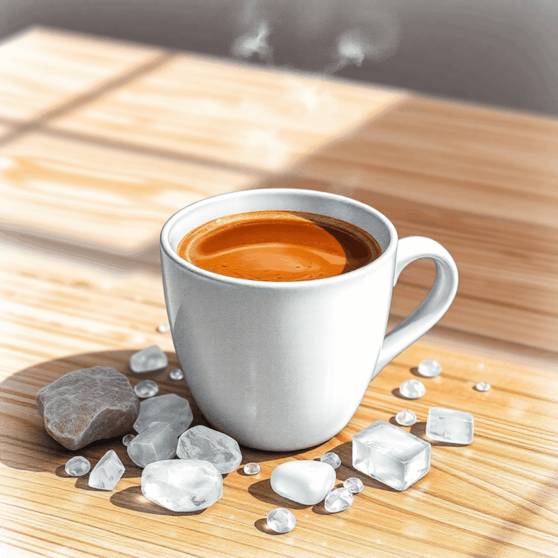 Pencil drawing of a steaming coffee cup on a wooden table, surrounded by water droplets and mineral stones, with soft sunlight highlighting the scene.