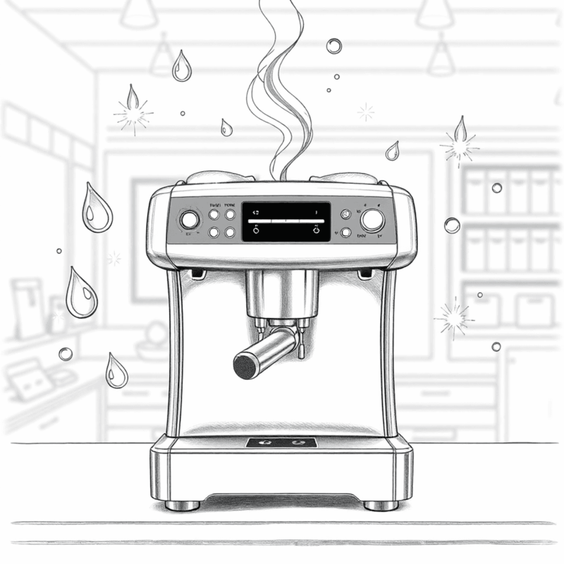 Pencil sketch of a shiny espresso machine with steam, water droplets, and sparkles in a bright, modern coffee shop setting.
