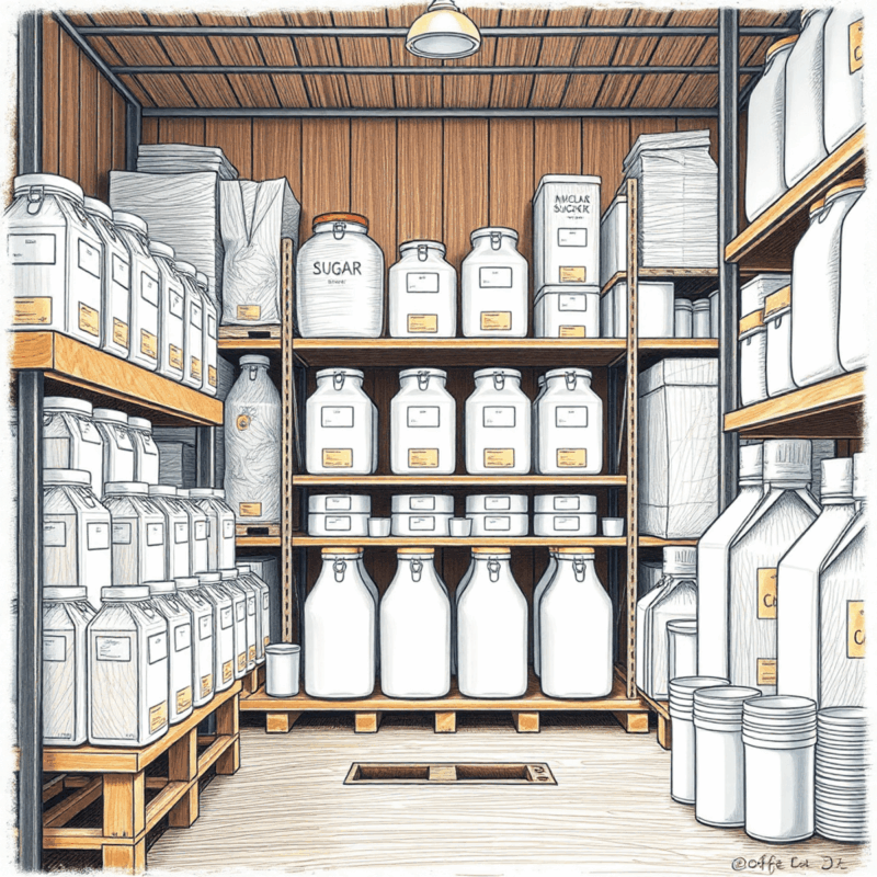 Pencil sketch of organized bulk food containers on shelves with coffee cups and simple packaging in a warmly lit warehouse setting.