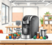 Pencil sketch of a modern coffee pod machine on an office countertop with colorful pods, set in a bright, productive workspace.