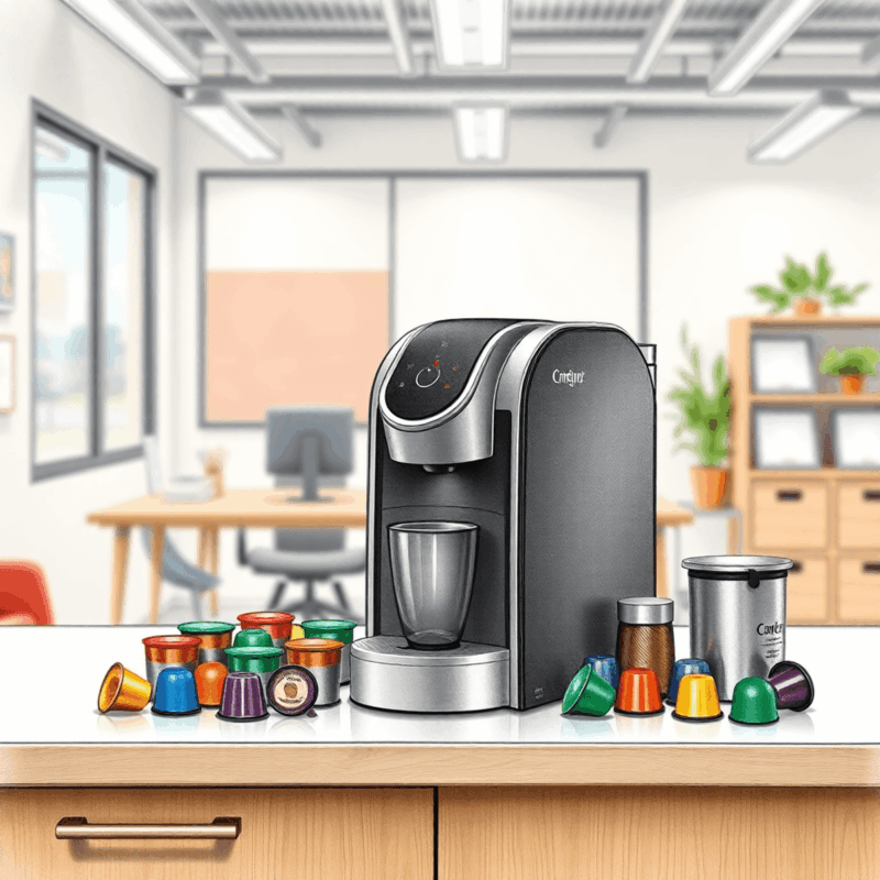 Pencil sketch of a modern coffee pod machine on an office countertop with colorful pods, set in a bright, productive workspace.
