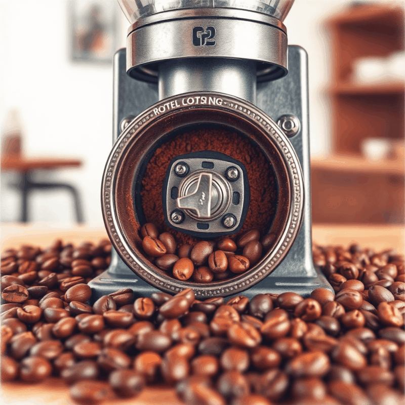 Close-up pencil drawing of a coffee grinder with scattered beans, highlighting the burr mechanism in warm, inviting tones against a minimalist café ba