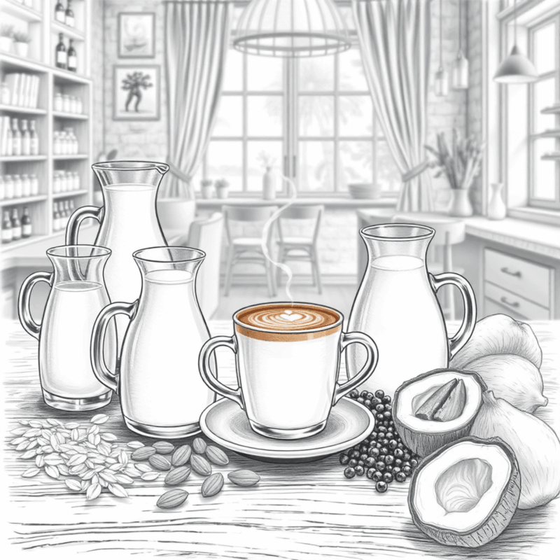 Pencil drawing of a cozy coffee scene with glass pitchers of plant-based milks, a latte with art, and natural ingredients on a wooden table.