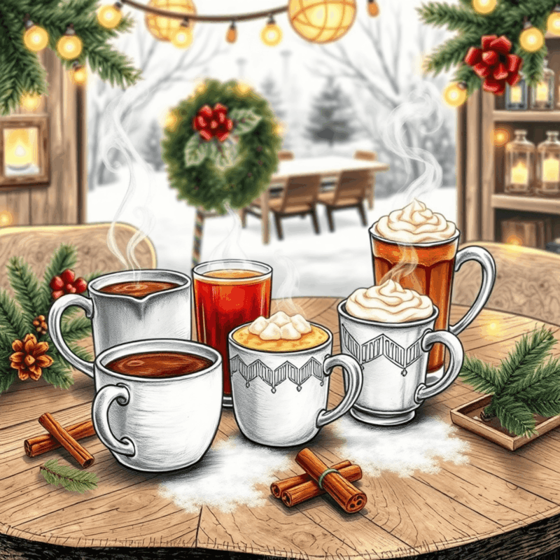Pencil sketch of a cozy winter café table with steaming mugs, pine branches, cinnamon sticks, and warm glowing lights creating a festive atmosphere.