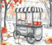 Pencil sketch of a cozy outdoor hot chocolate cart with steaming mugs, autumn leaves, warm lights, and festive decorations creating a welcoming scene.