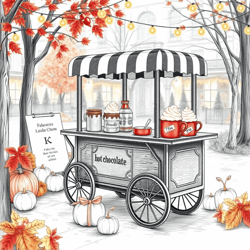 Pencil sketch of a cozy outdoor hot chocolate cart with steaming mugs, autumn leaves, warm lights, and festive decorations creating a welcoming scene.