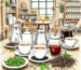 Pencil drawing of a cozy café table with elegant teapots, cups, loose tea leaves, and fresh herbs softly lit to highlight a warm, inviting atmosphere.