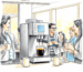Pencil drawing of coworkers chatting and smiling around a sleek coffee machine in a bright, modern office break area filled with warm natural light.