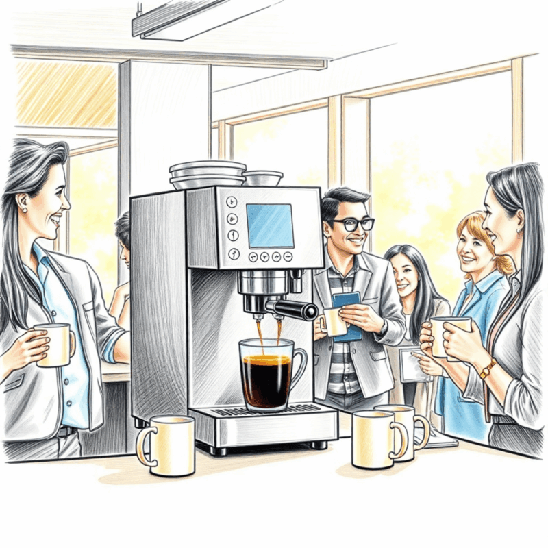 Pencil drawing of coworkers chatting and smiling around a sleek coffee machine in a bright, modern office break area filled with warm natural light.