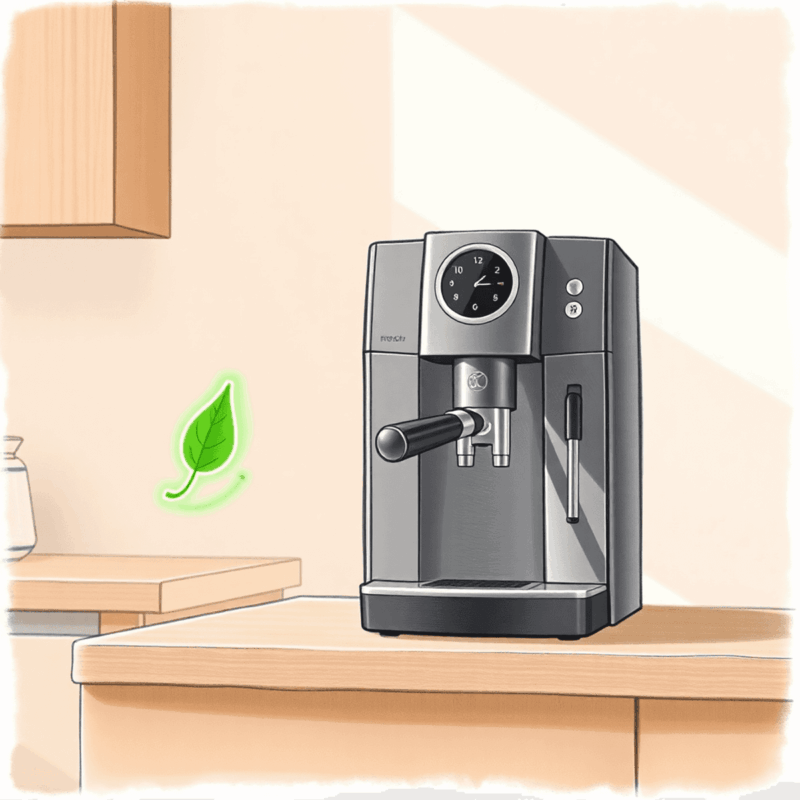 Pencil drawing of a sleek coffee machine on a kitchen counter with soft light, a glowing green leaf icon, and warm tones highlighting eco-friendly fea