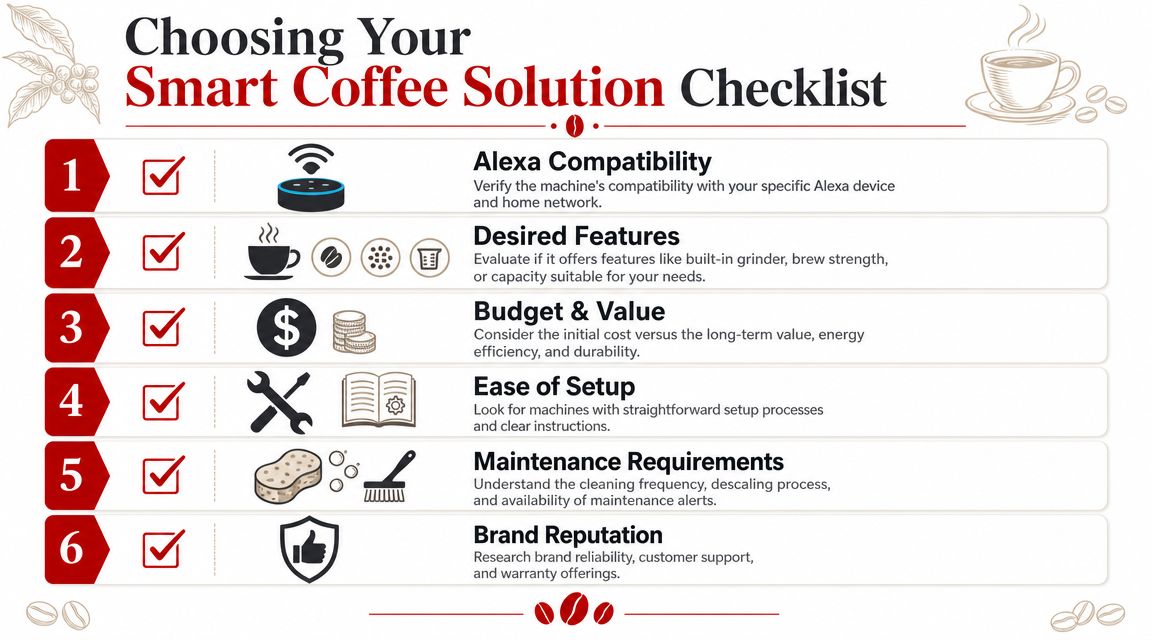 A checklist infographic titled Choosing Your Smart Coffee Solution highlighting six key factors for purchasing.