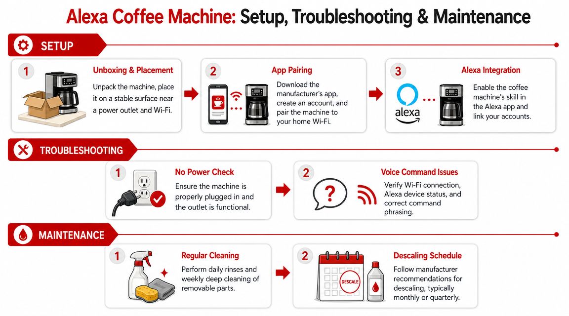 A visual guide for setting up, troubleshooting, and performing maintenance on an Alexa-compatible smart coffee machine.