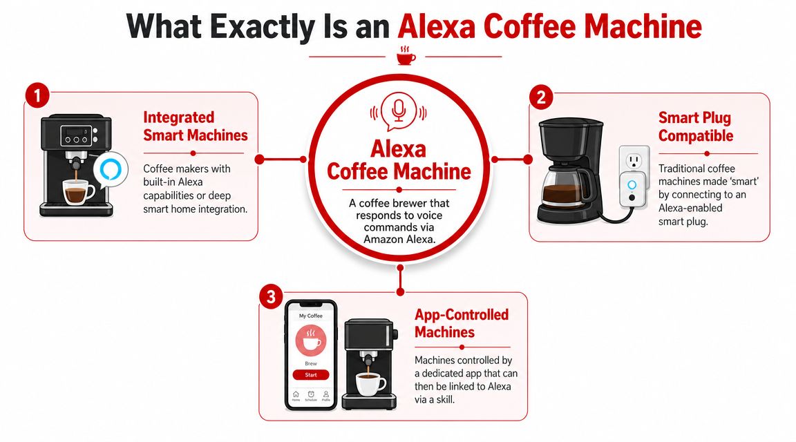 An infographic explaining the three types of Alexa coffee machines available for smart home coffee brewing.