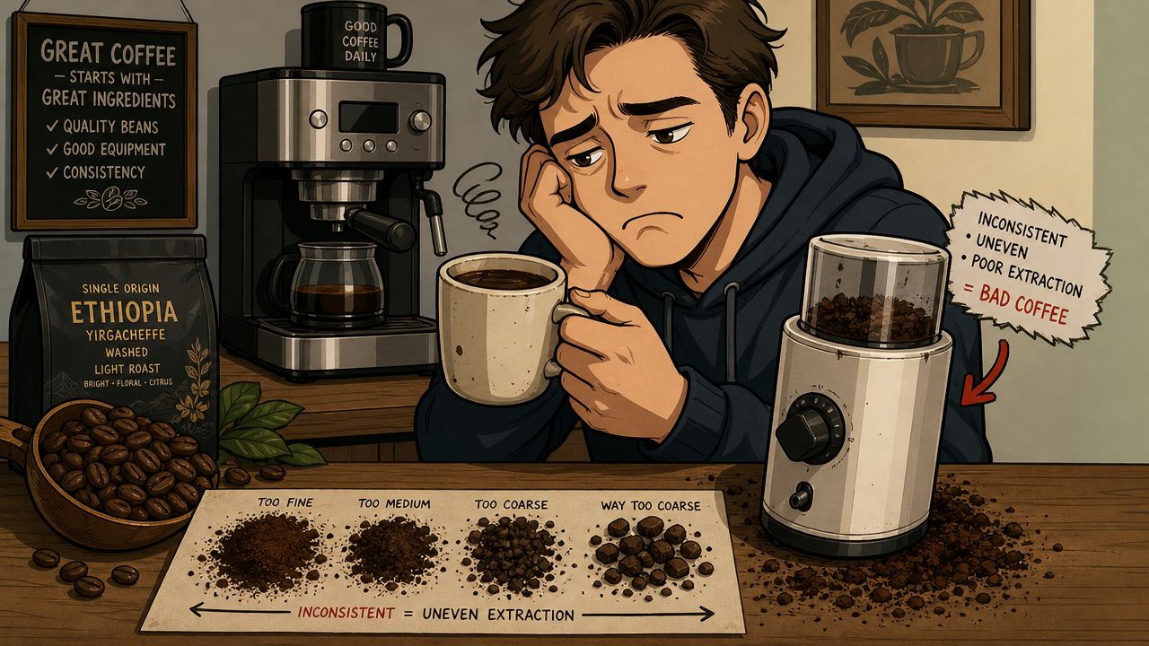 A frustrated person looking at uneven coffee grounds from a poor grinder with inconsistent extraction results.
