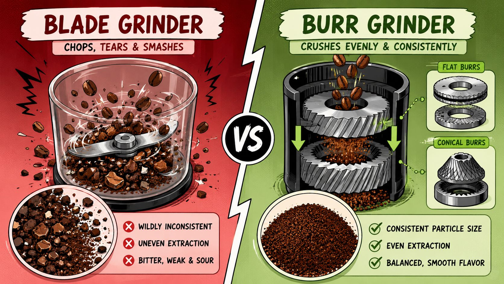 An infographic comparing blade and burr coffee grinders, highlighting consistency and flavor differences between the two types.