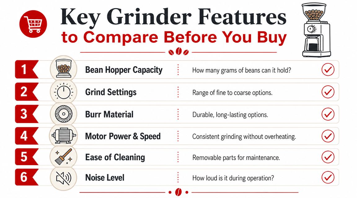 An infographic titled Key Grinder Features to Compare Before You Buy, listing six essential considerations for selecting coffee grinders.
