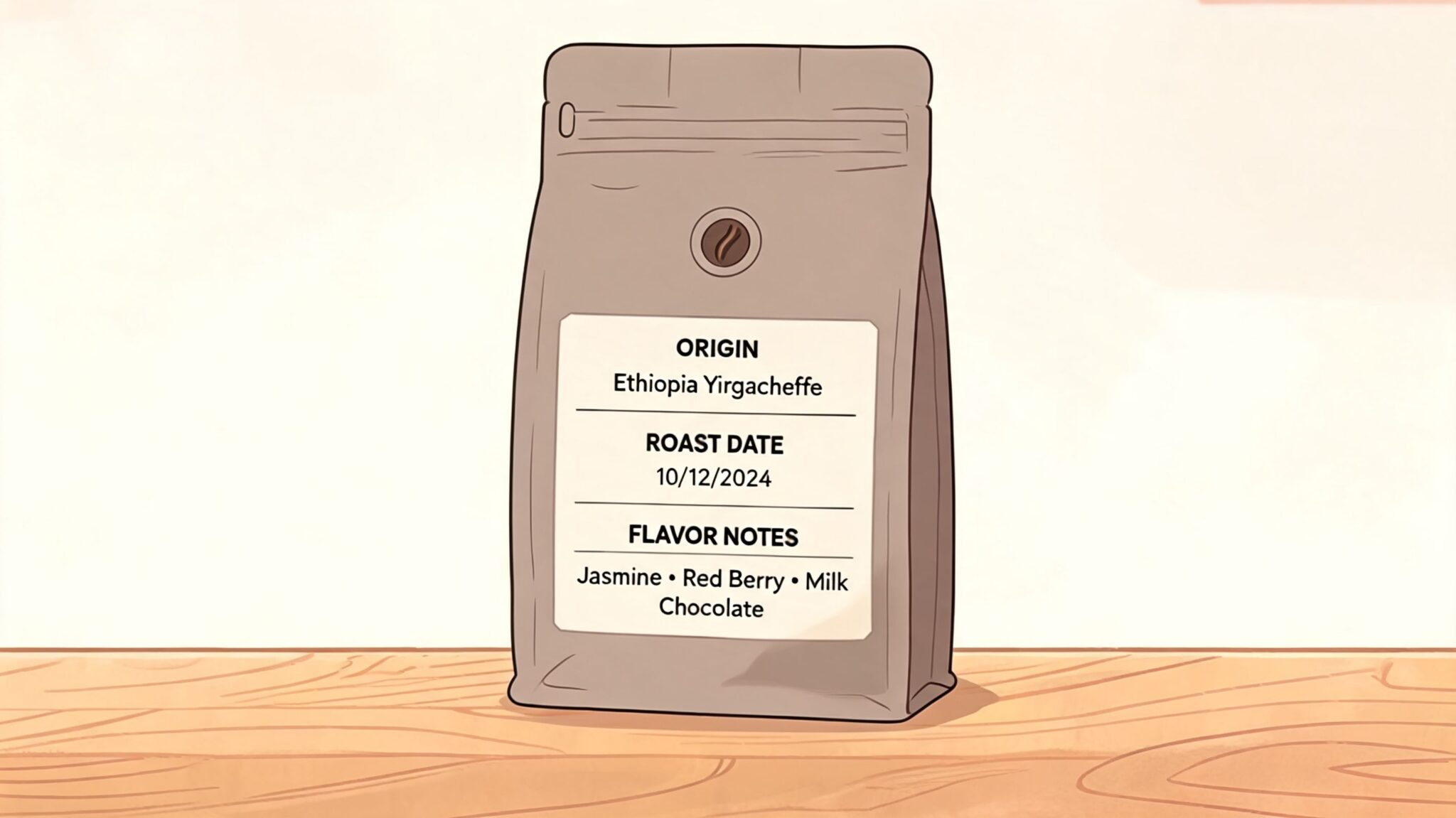 A brown coffee bag with a label showing Ethiopia Yirgacheffe origin, roast date, and flavor notes.