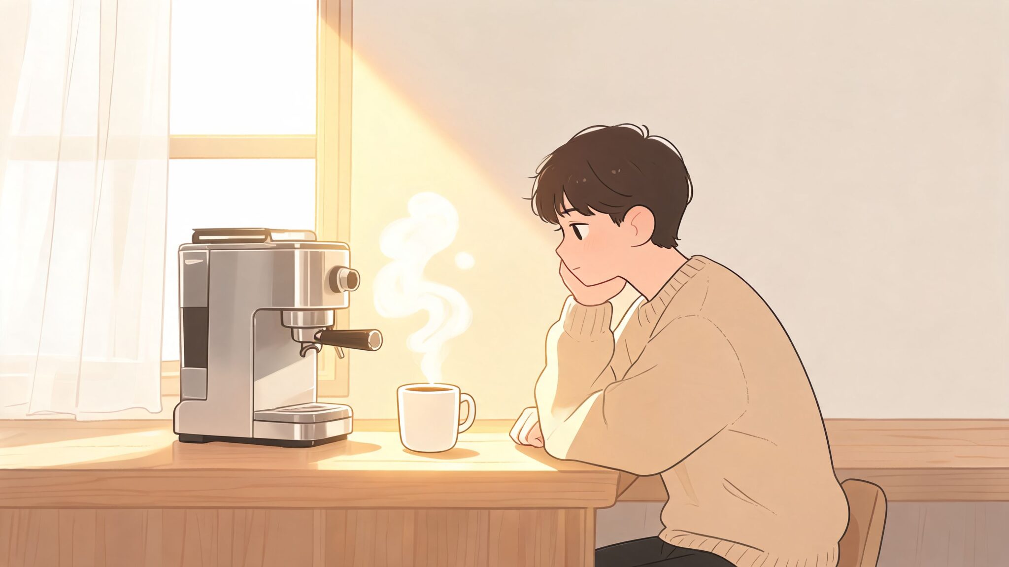 A young man sitting at a desk with a warm cup of coffee and a coffee machine.