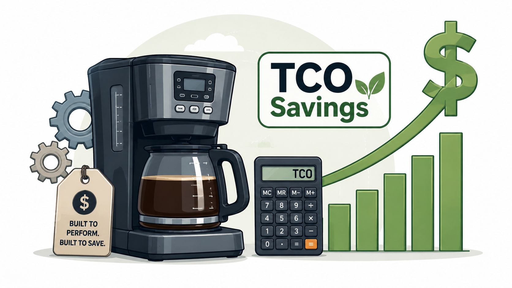 A graphic depicting a black coffee maker with a calculator and a rising green growth chart.