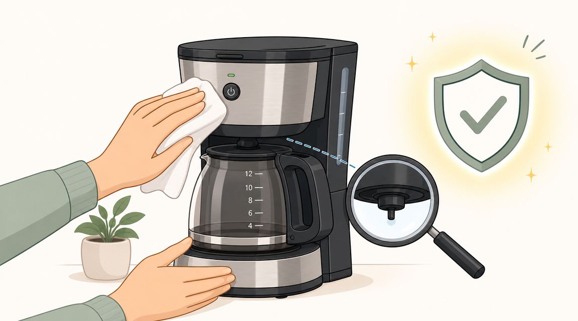 A person wiping down a clean coffee maker with a cloth, with a magnifying glass inspection icon.