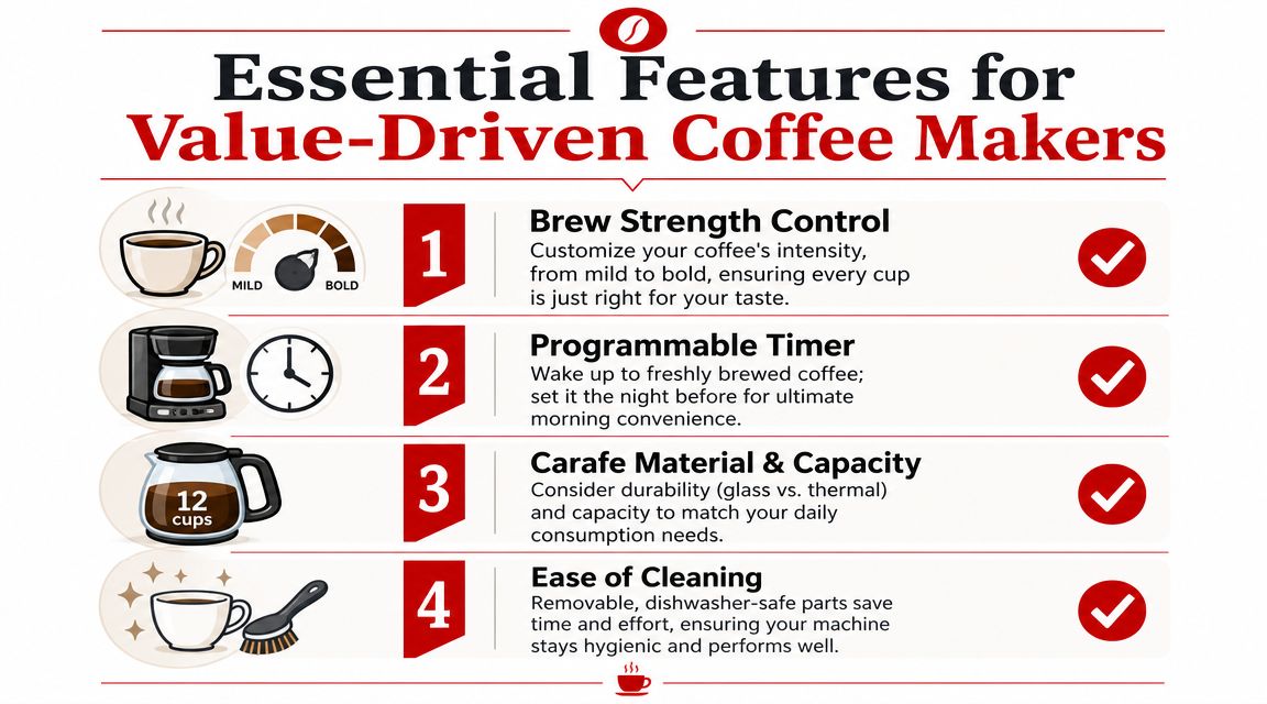 An infographic detailing four essential features for value-driven coffee makers, including strength control, timers, carafe capacity, and cleaning.