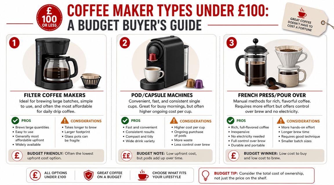 A budget guide comparing three types of coffee makers under one hundred pounds for home use.
