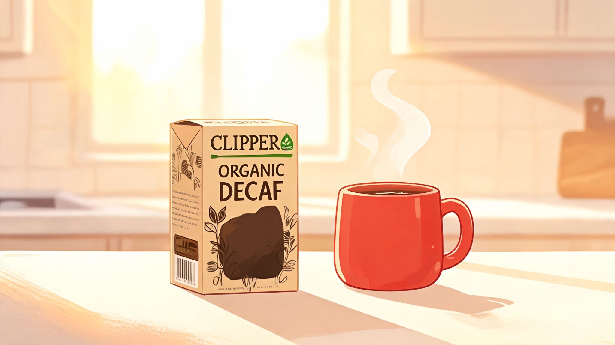 A box of Clipper Organic Decaf coffee sits next to a steaming red mug on a kitchen counter.