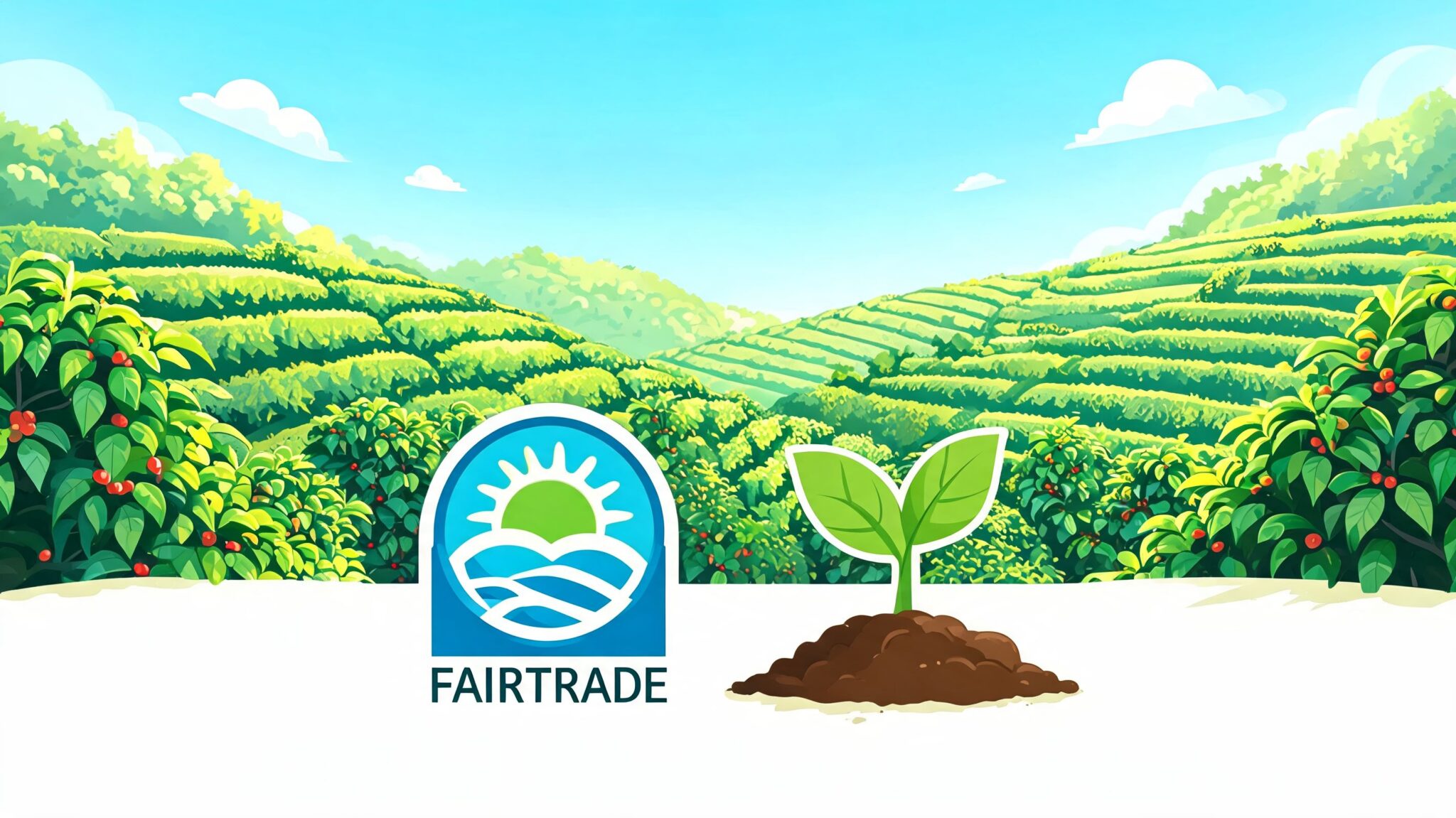 A scenic illustration of coffee plantations in a mountainous landscape featuring the Fairtrade logo and a seedling.