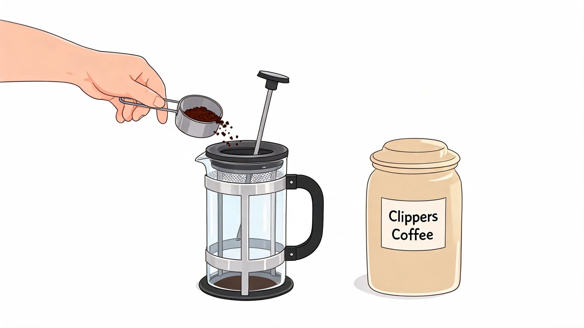 A hand pouring ground coffee from a measuring cup into a glass French press coffee maker.