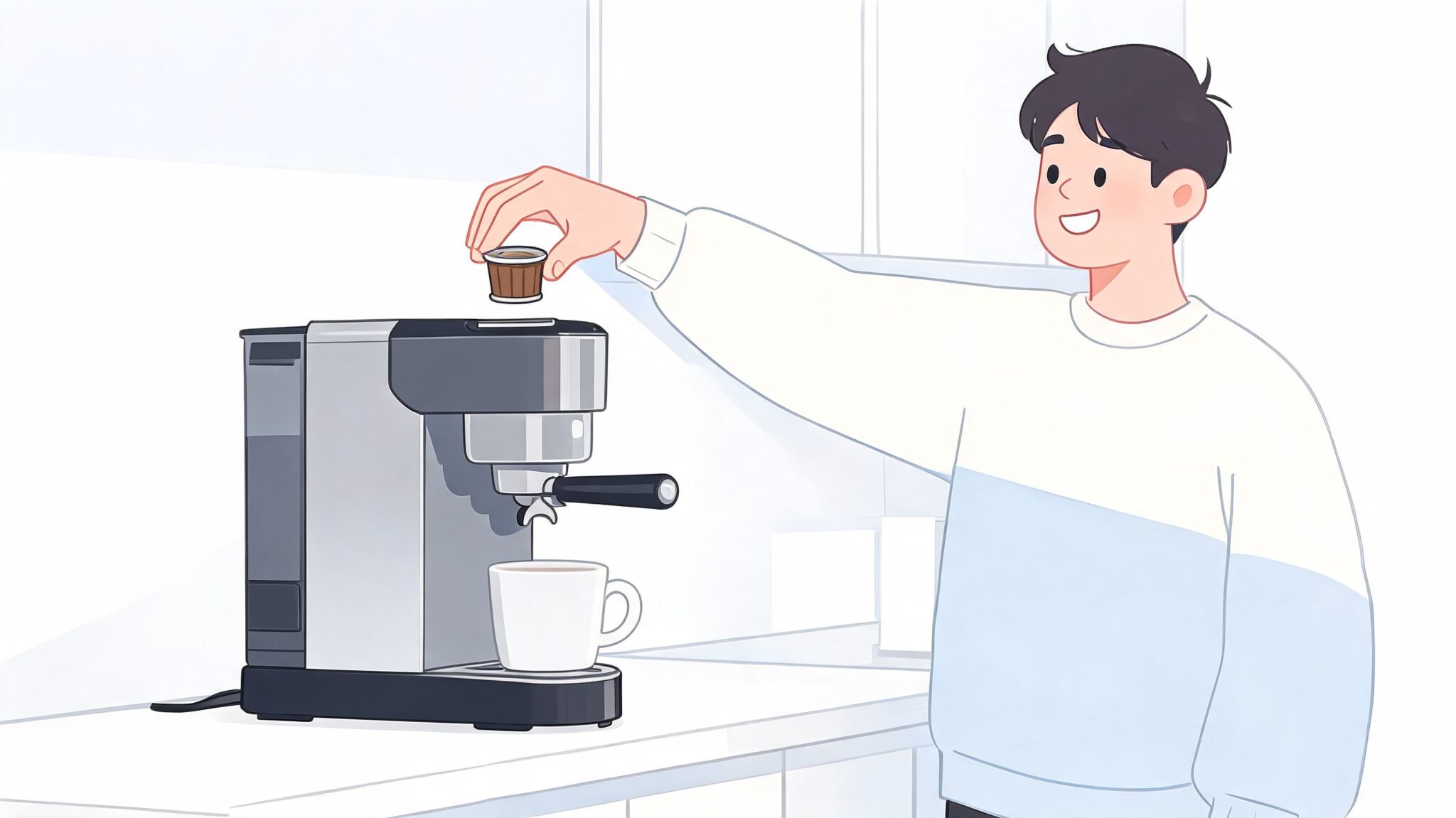 A happy young man placing a coffee pod into a modern espresso machine on a kitchen counter.