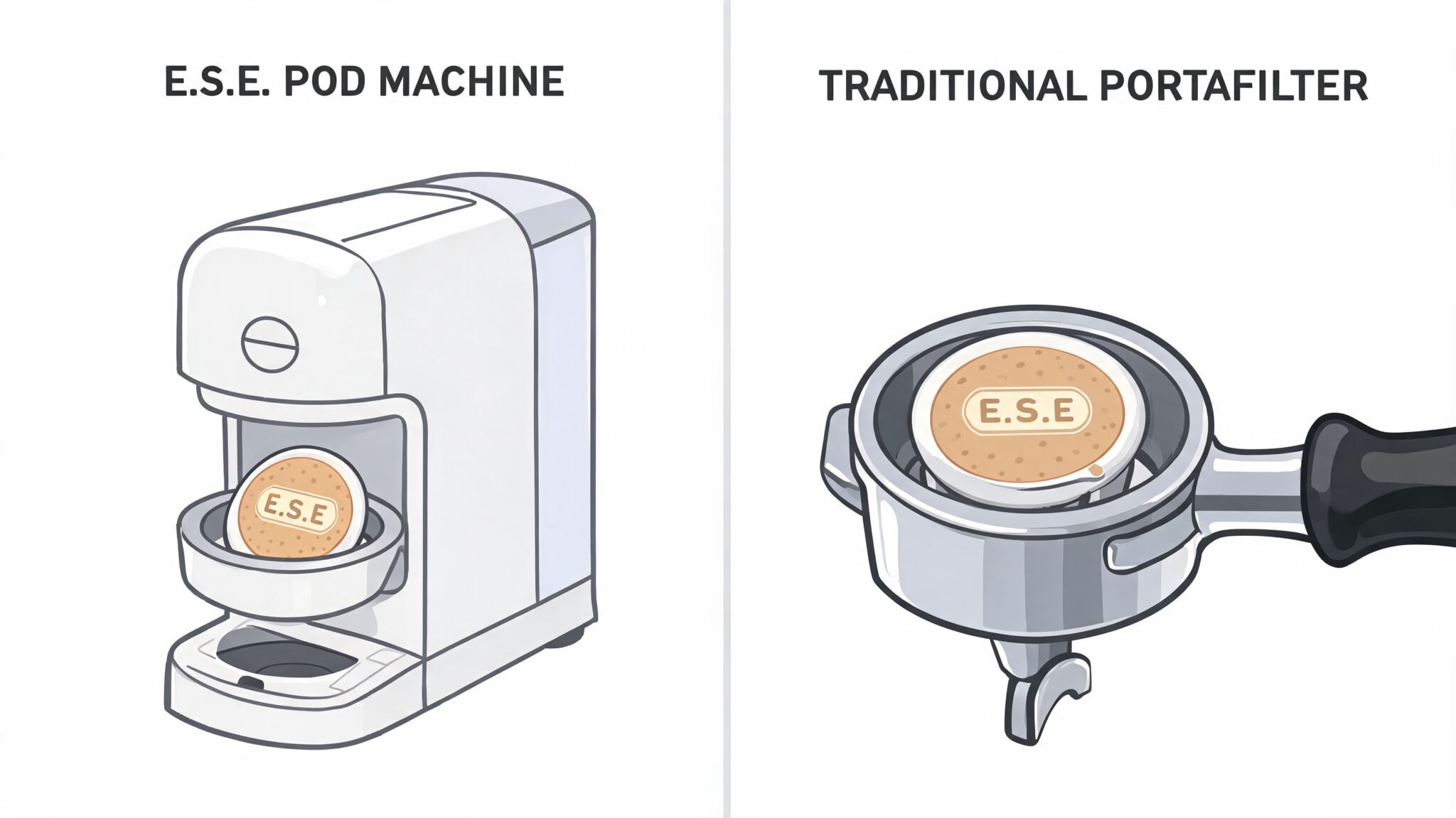 A diagram comparing an E.S.E. coffee pod machine on the left and a traditional portafilter on the right.