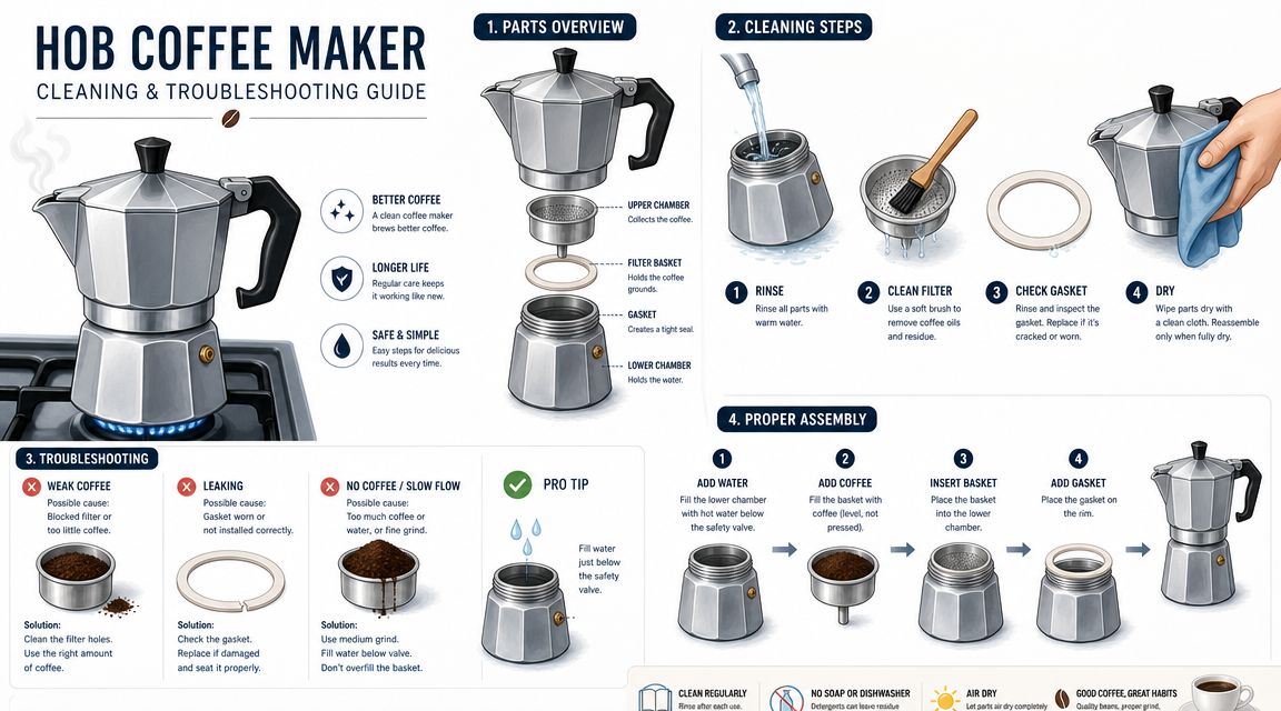 An infographic guide illustrating how to clean, assemble, and troubleshoot a stovetop hob coffee maker.
