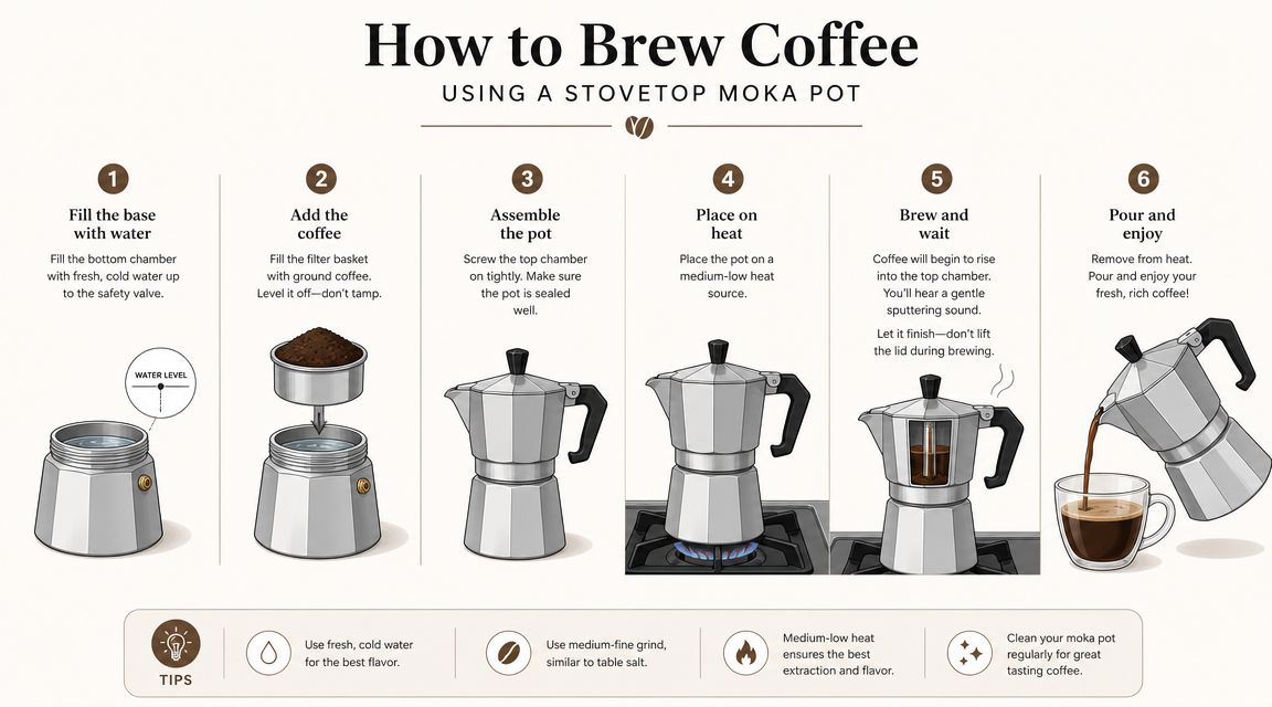 A step-by-step infographic showing how to brew coffee using a stovetop moka pot coffee maker.