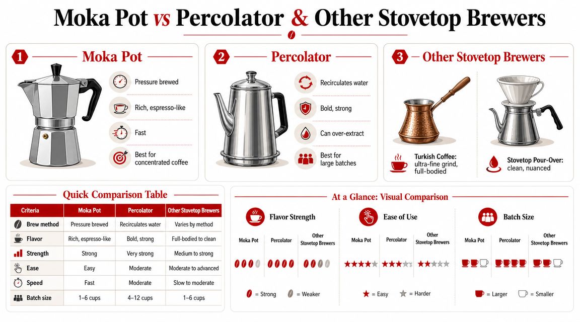 An infographic comparing Moka pots, percolators, and other stovetop coffee brewers based on flavor, strength, and ease.