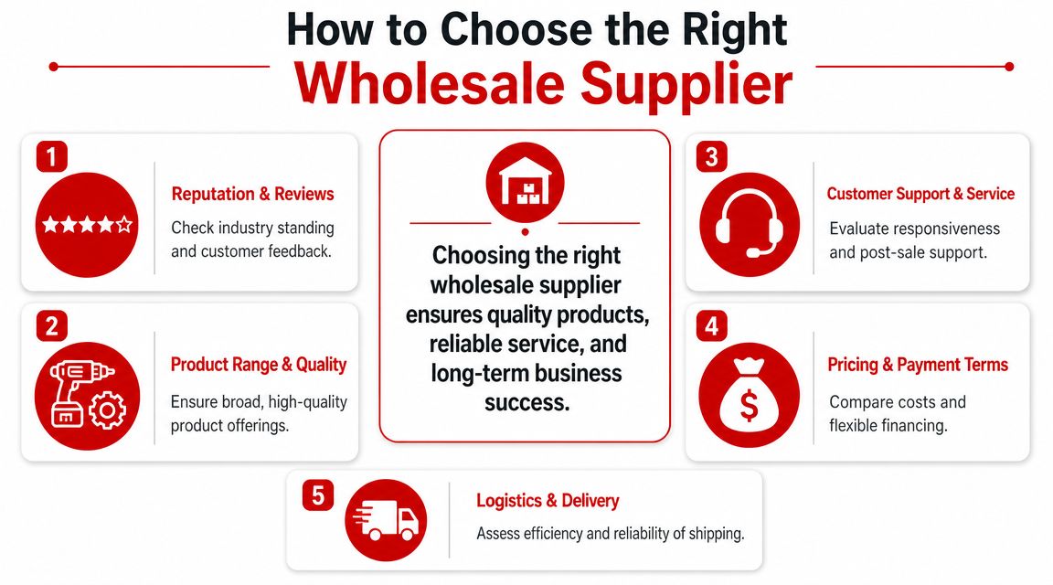 An infographic titled How to Choose the Right Wholesale Supplier showing five key business tips.