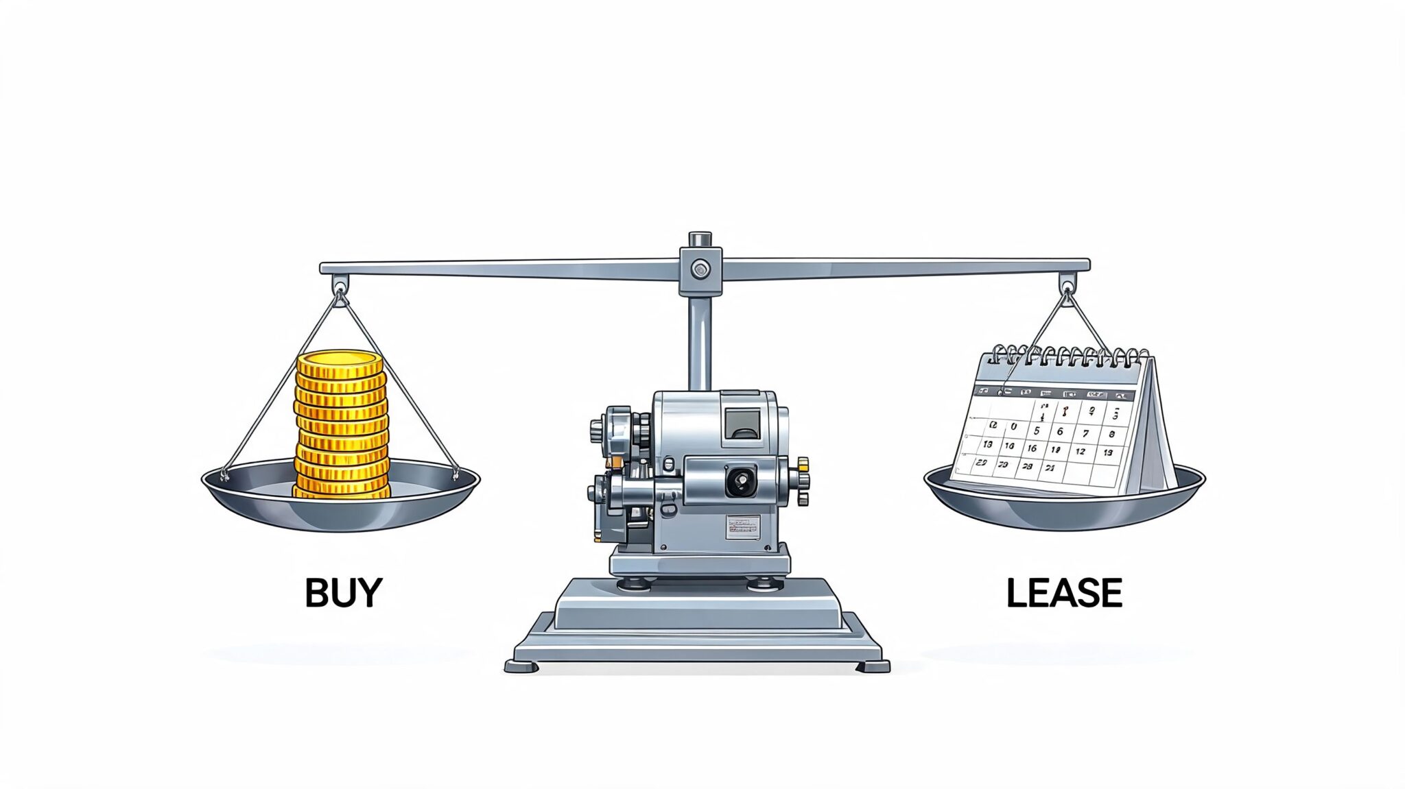 A weighing scale balancing a stack of coins labeled buy against a calendar labeled lease.
