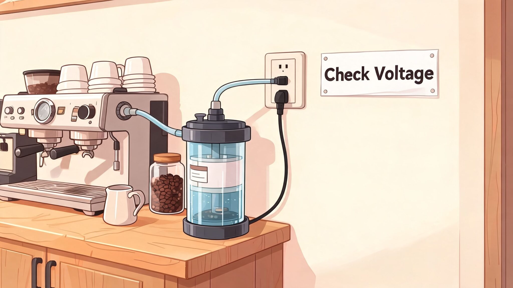 A professional coffee machine connected to a filtration system next to a Check Voltage warning sign.