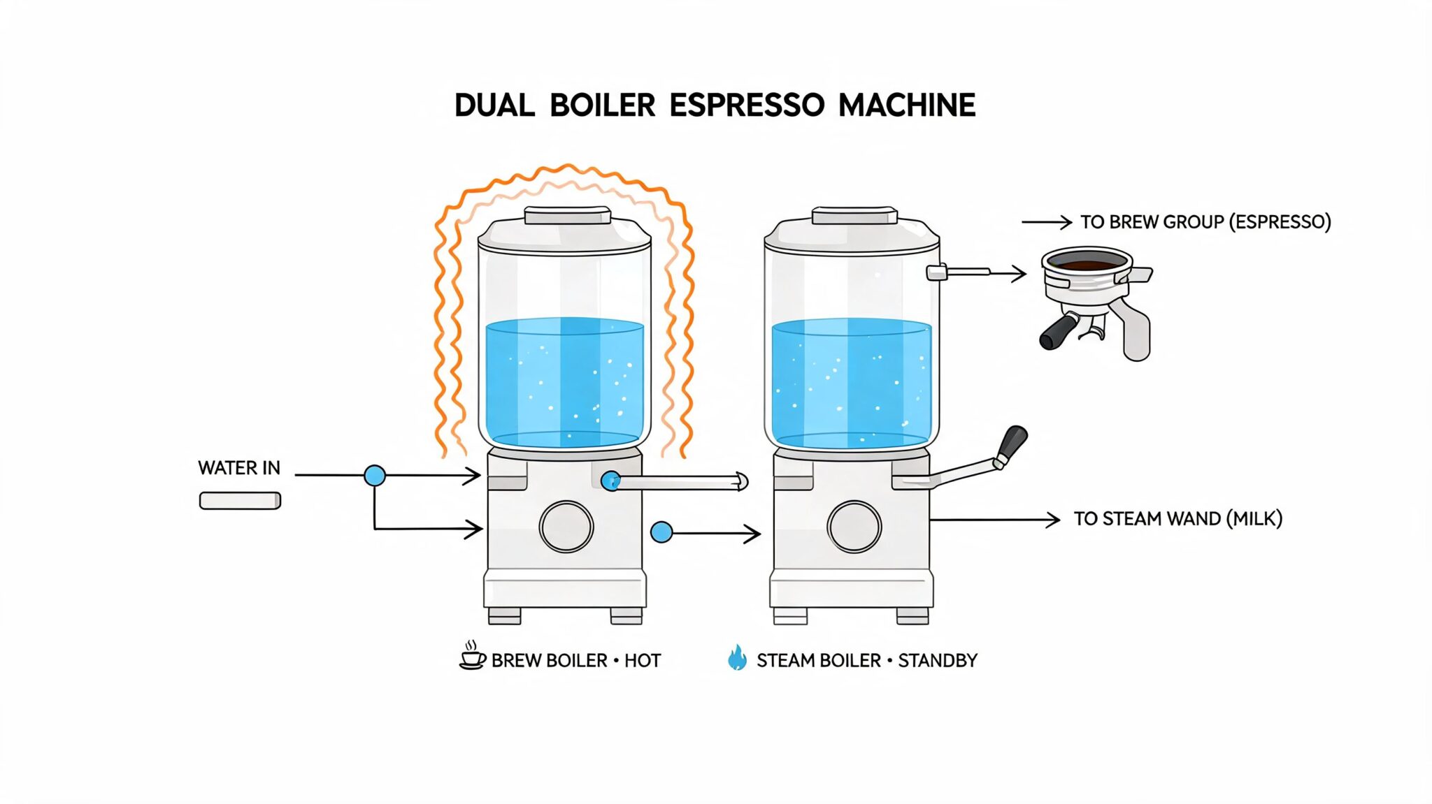 A diagram illustrating the inner workings of a dual boiler espresso machine, highlighting its two separate boilers.