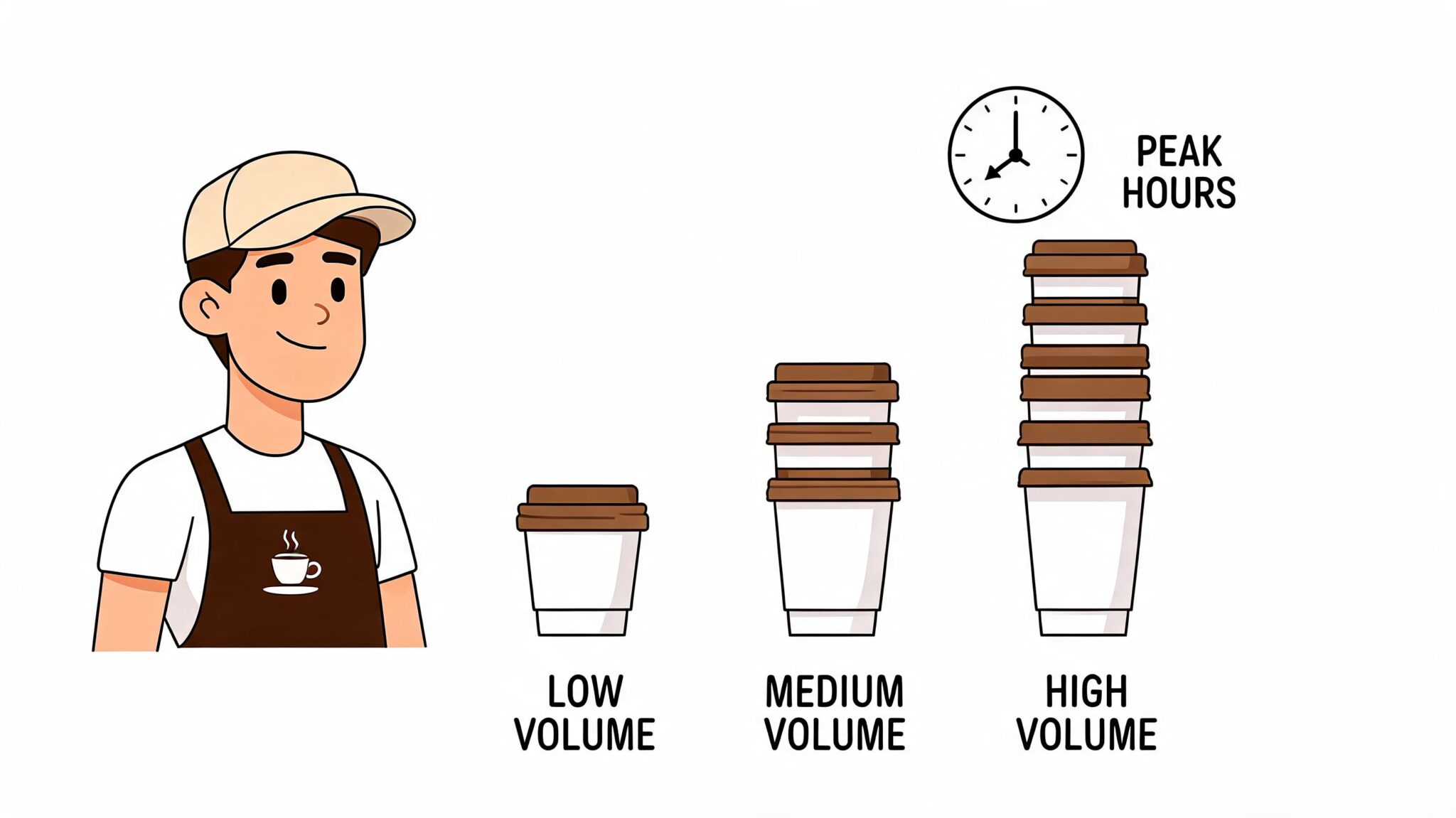 A barista illustration representing coffee shop workflow efficiency with low, medium, and high volume cup levels.